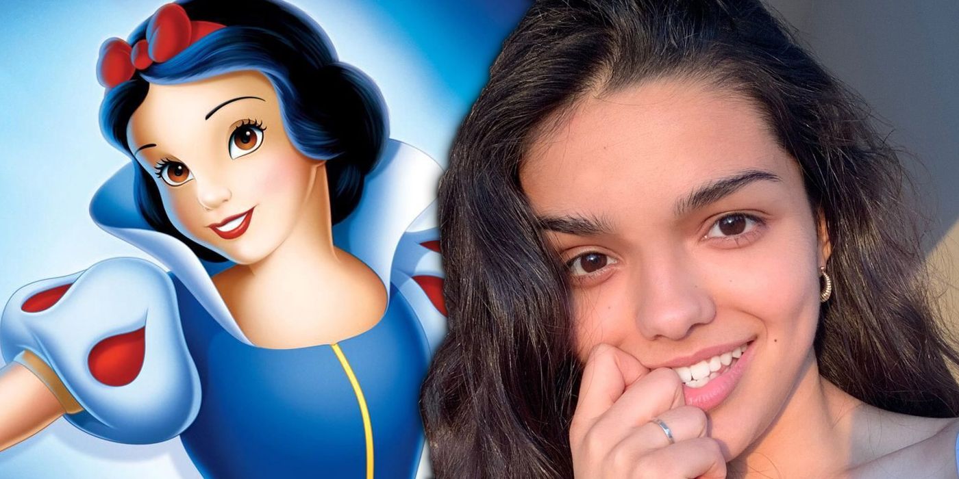 Una imagen de Blancanieves animada de Disney junto a la actriz Rachel Zegler.