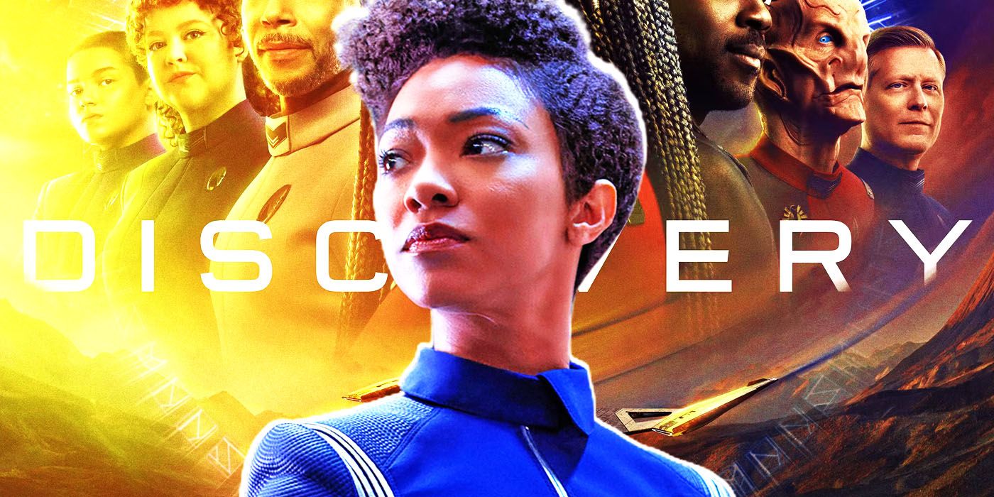 Michael Burnham (actor Sonequa Martin-Green) con uniforme de la Flota Estelar con arte de Star Trek: Discovery