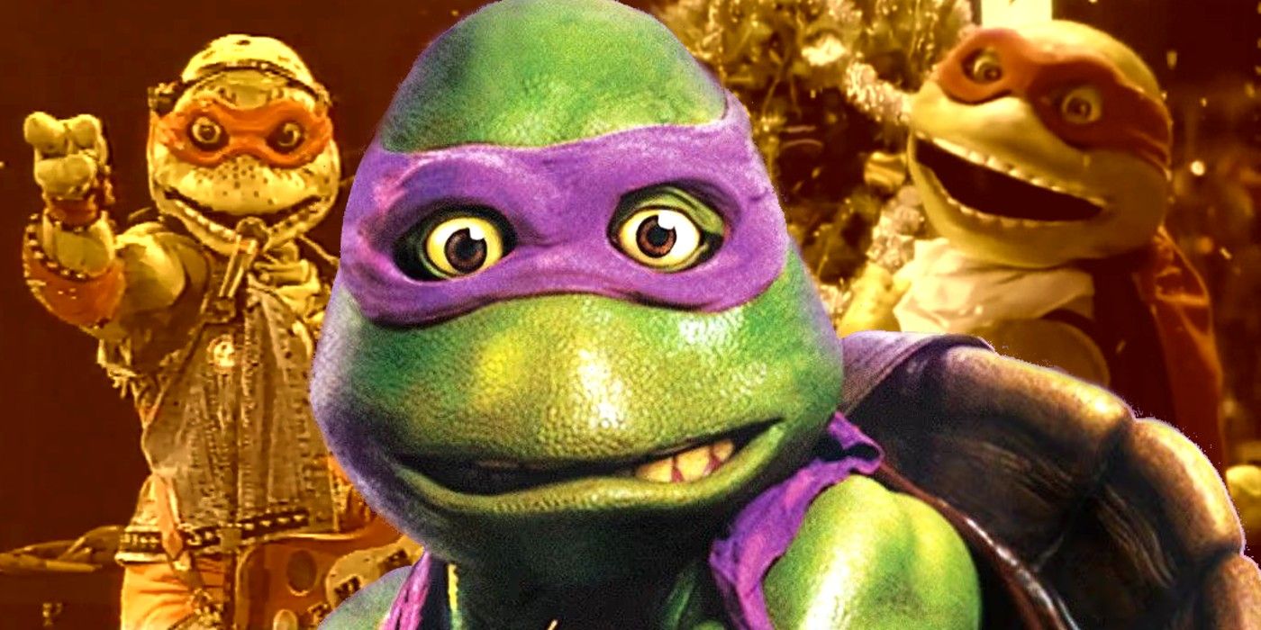 Donatello de Teenage Mutant Ninja Turtles II: Secret of the Ooze se para frente a Michaelangelo.