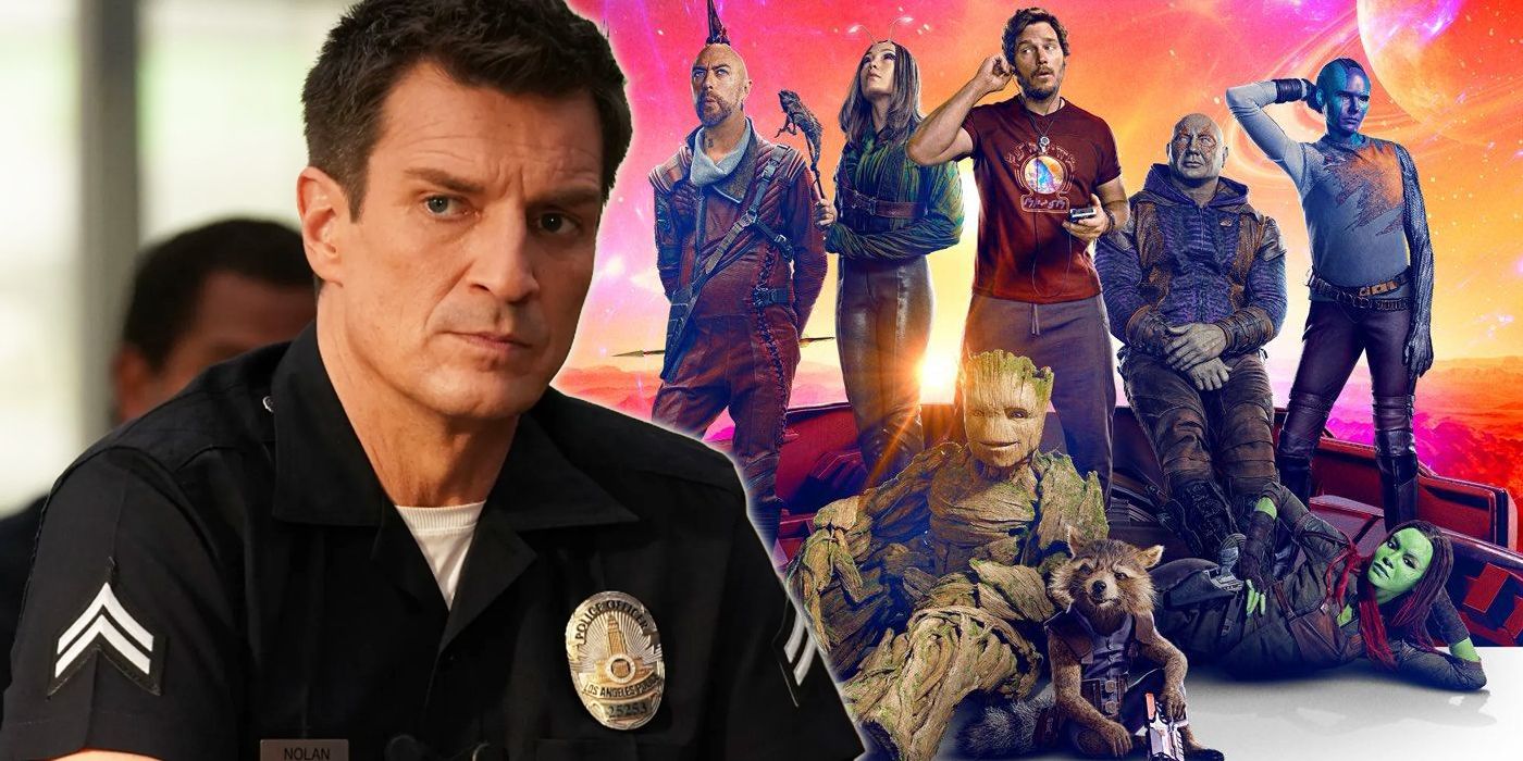 John Nolan (Nathan Fillion) de The Rookie junto al cartel de Marvel's Guardians of the Galaxy Vol.  3 (2023).