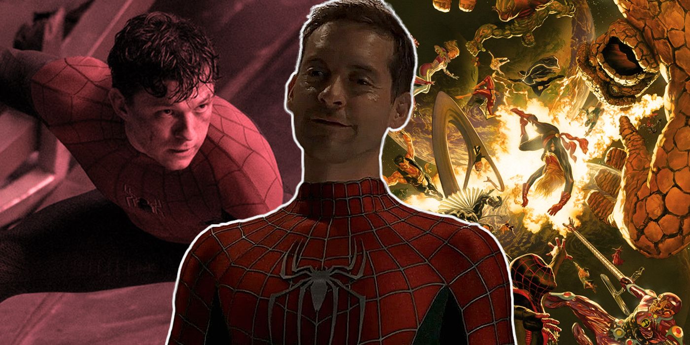 Tobey Maguire sonriendo como Spider-Man con el Spider-Man desenmascarado de Tom Holland y la portada de Secret Wars de fondo.