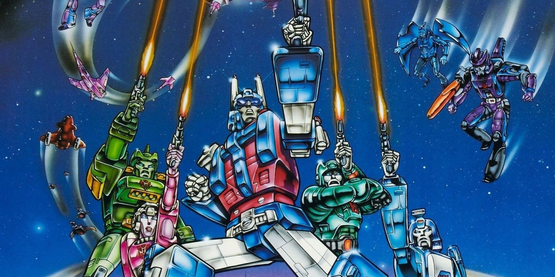 Arte del cartel de la película que muestra a Transformers disparando pistolas láser a sus enemigos arriba.