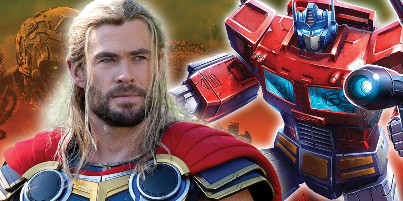 Una imagen compuesta que presenta al personaje de Thor y Transformers de Chris Hemsworth, Optimus Prime.