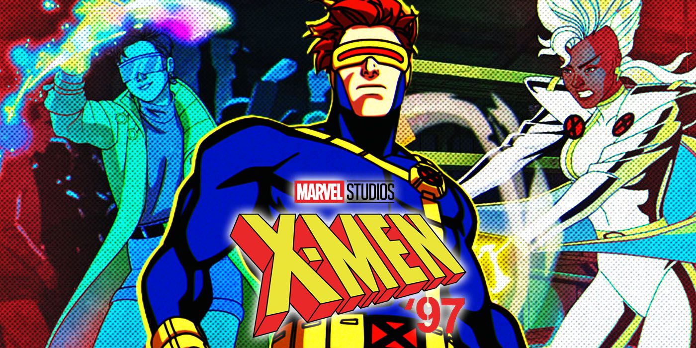 Cyclops se encuentra detrás del logo de X-Men 97 con Jubilee y Storm a cada lado.