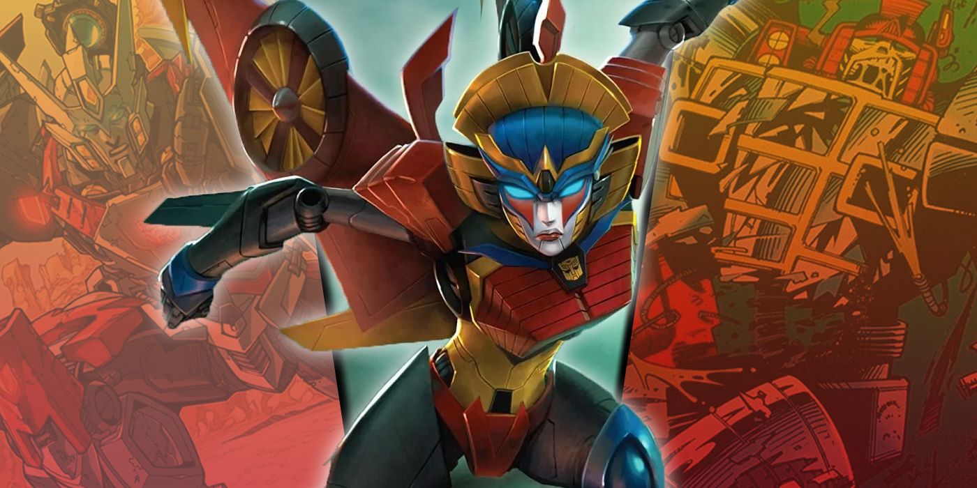 Imagen dividida de Windblade con Drift y Jhiaxus de los cómics de Transformers