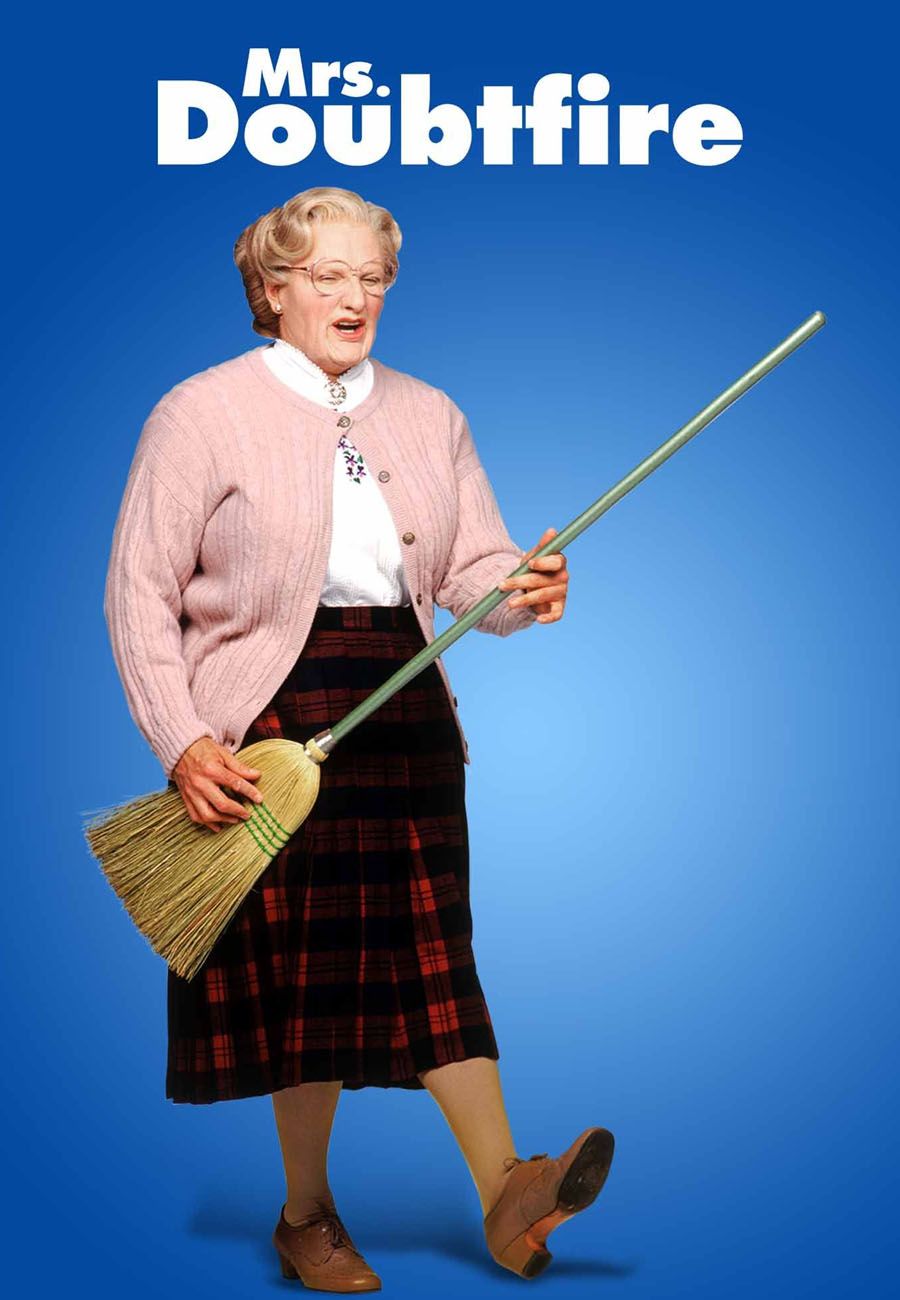 Robin Williams como Mrs. Doubtfire tocando la guitarra escoba